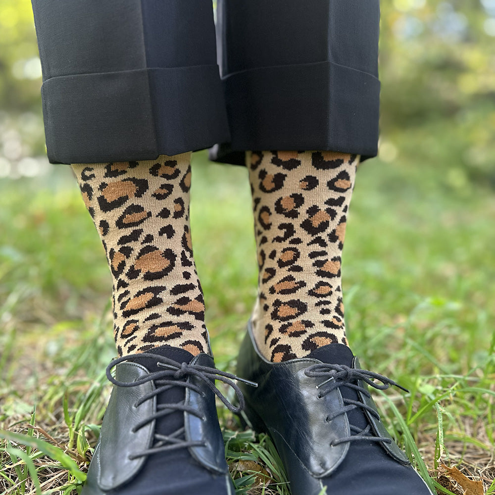 Made in USA women's tan cotton leopard print socks by THIS NIGHT