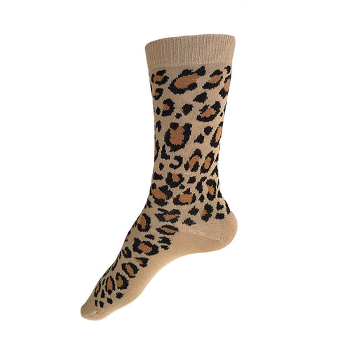 Made in USA women's tan cotton leopard print socks by THIS NIGHT