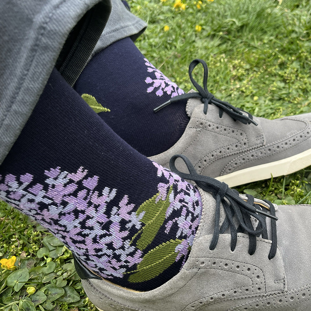 Made in USA men's navy cotton floral socks featuring lavender lilacs by THIS NIGHT