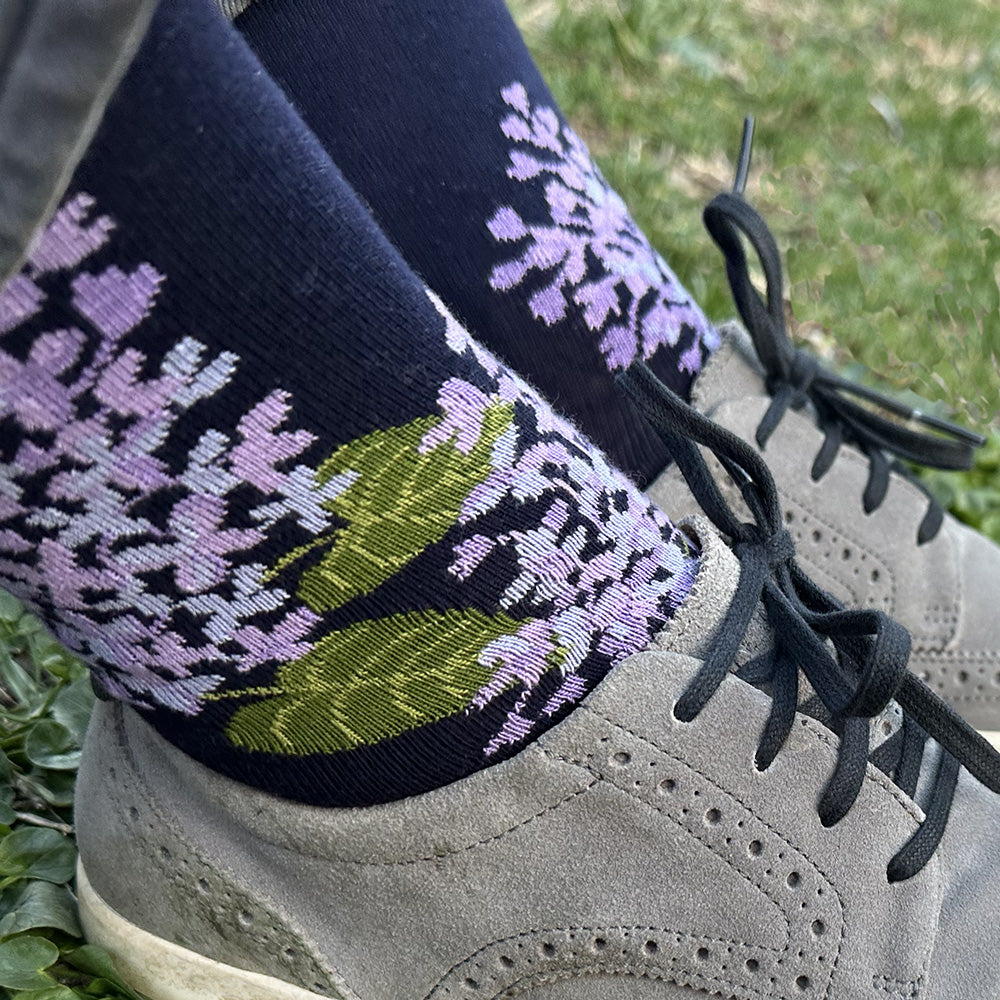 Made in USA men's navy cotton floral socks featuring lavender lilacs by THIS NIGHT