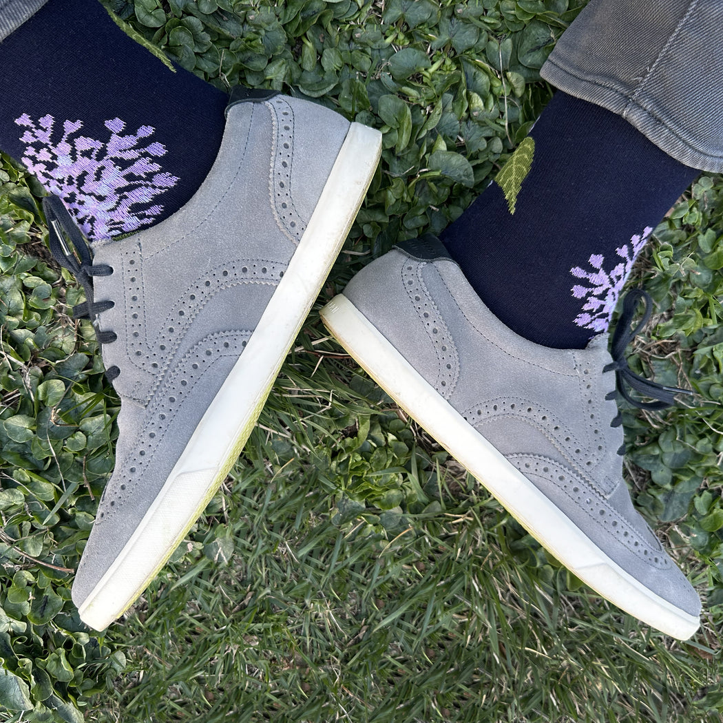 Made in USA men's navy cotton floral socks featuring lavender lilacs by THIS NIGHT