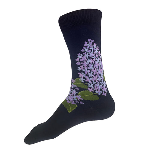 Made in USA men's navy cotton floral socks featuring lavender lilacs by THIS NIGHT