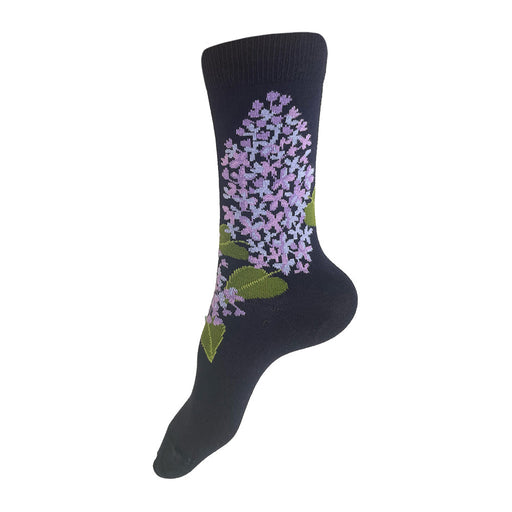 Made in USA women's navy cotton floral socks featuring lavender lilacs by THIS NIGHT