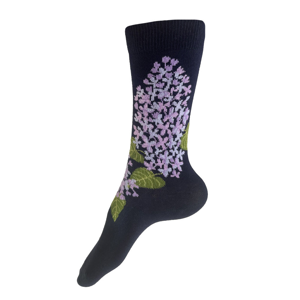 Made in USA women's navy cotton floral socks featuring lavender lilacs by THIS NIGHT