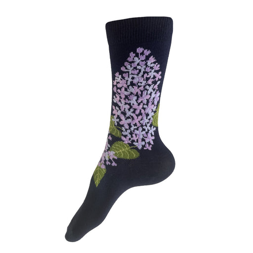 Made in USA women's navy cotton floral socks featuring lavender lilacs by THIS NIGHT
