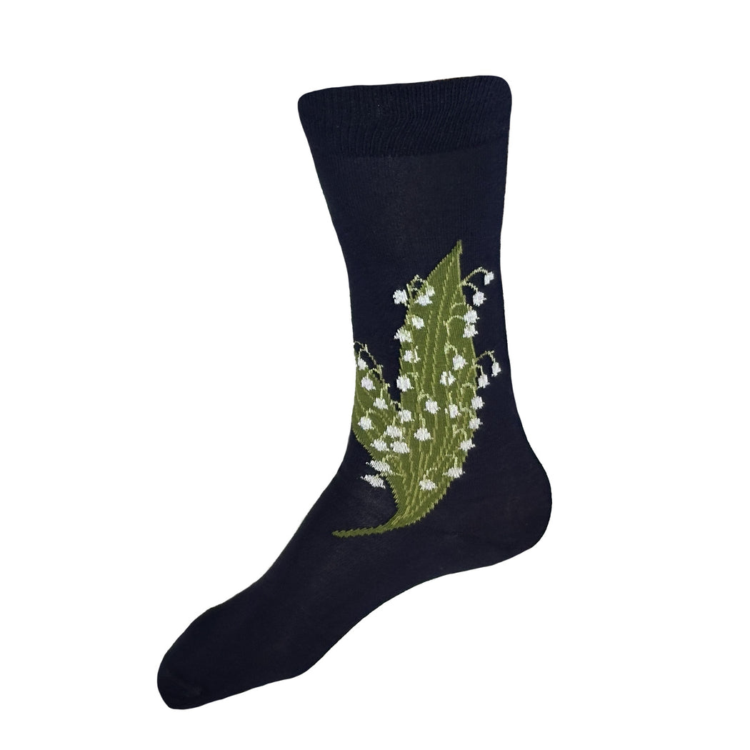 Made in USA men's navy cotton lily of the valley floral socks –– perfect for groomsmen!