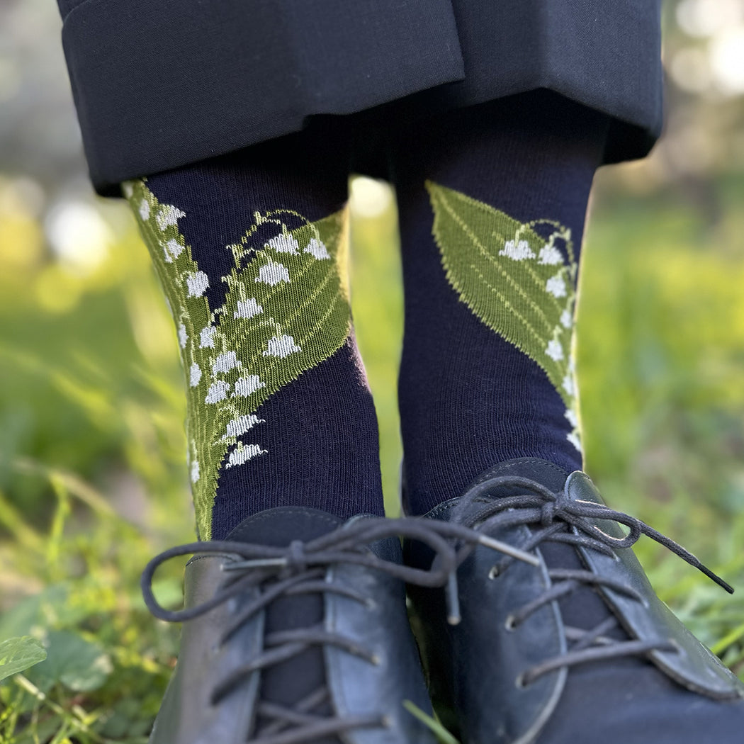 Made in USA women's navy cotton lily of the valley botanical socks by THIS NIGHT