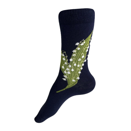 Made in USA women's navy cotton lily of the valley botanical socks by THIS NIGHT