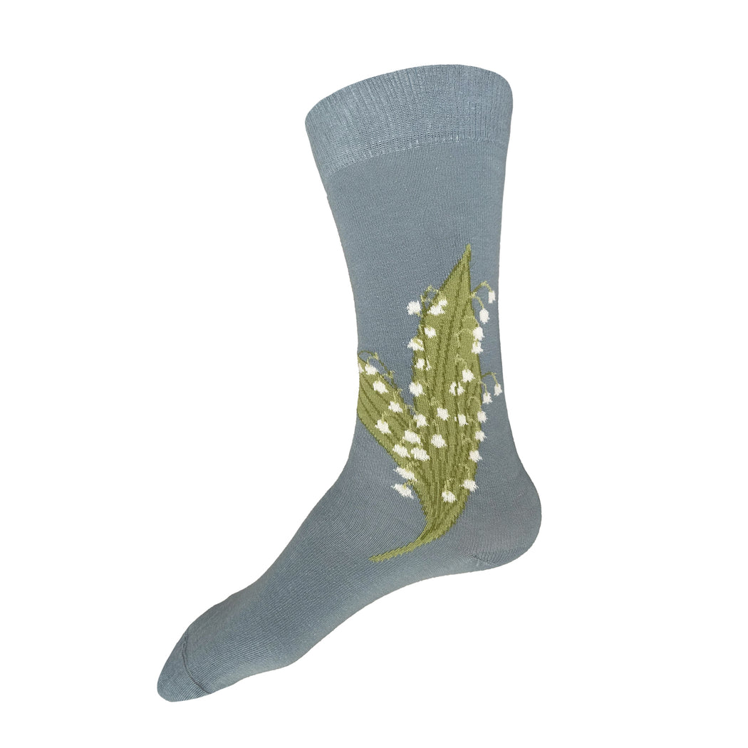 Made in USA men's light blue cotton lily of the valley floral/botanical socks