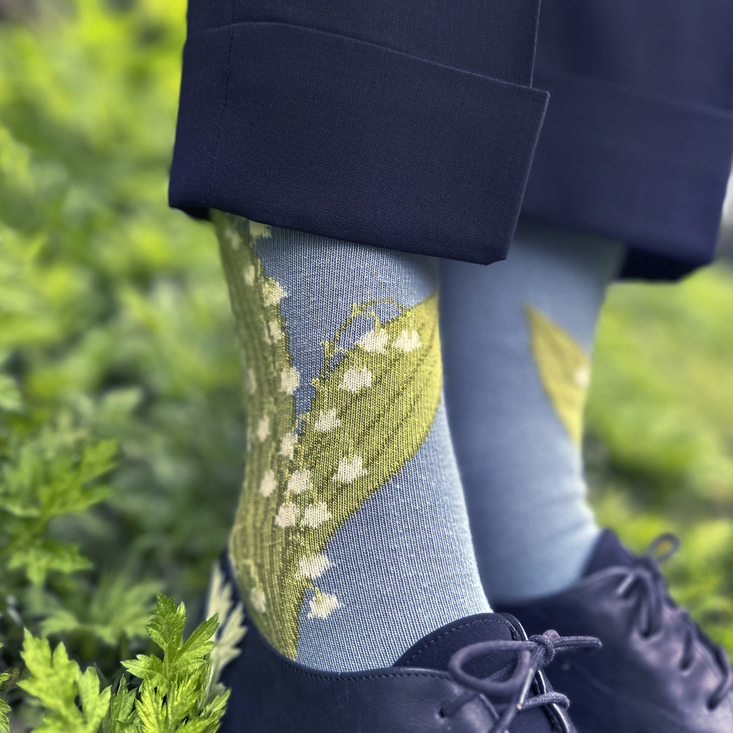 Made in USA women's cotton light blue floral socks with lily of the valley