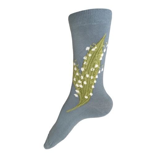 Made in USA women's cotton light blue floral socks with lily of the valley