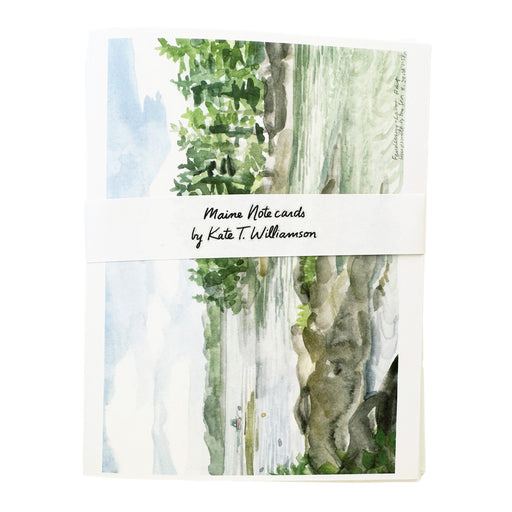 Made in USA watercolor note card set by Kate T. Williamson featuring a peaceful scene of coastal Maine (8 cards and envelopes). Blank inside.