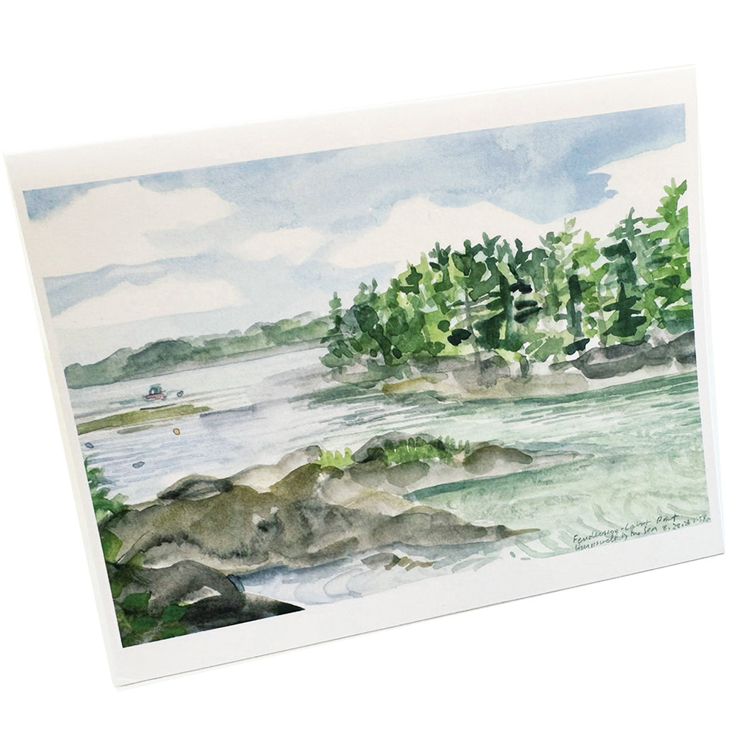 Made in USA watercolor note card set by Kate T. Williamson featuring a peaceful scene of coastal Maine (8 cards and envelopes). Blank inside.