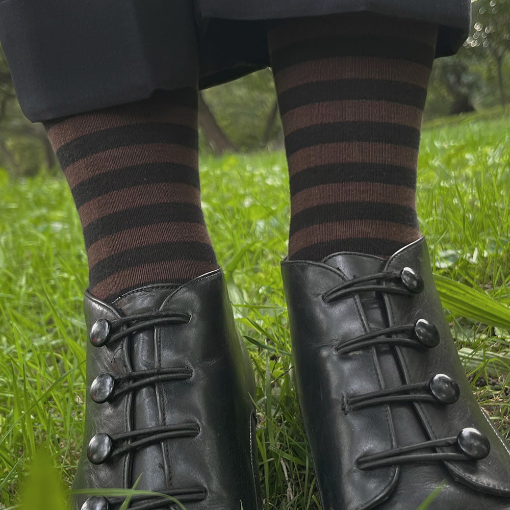 Made in USA women's black and brown striped knee socks/boot socks by THIS NIGHT