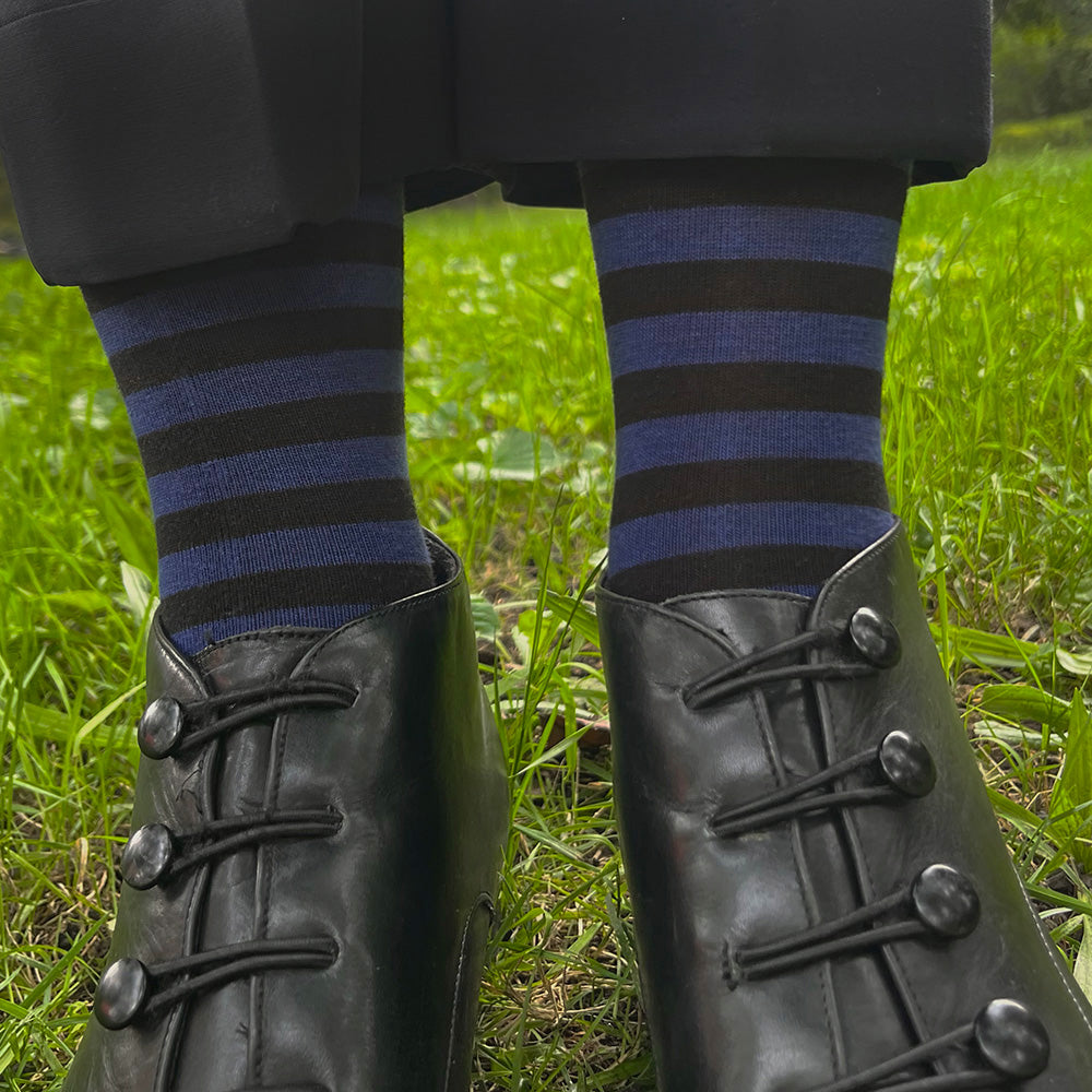 Made in USA women's striped cotton knee socks/boot socks in black and dark blue by THIS NIGHT
