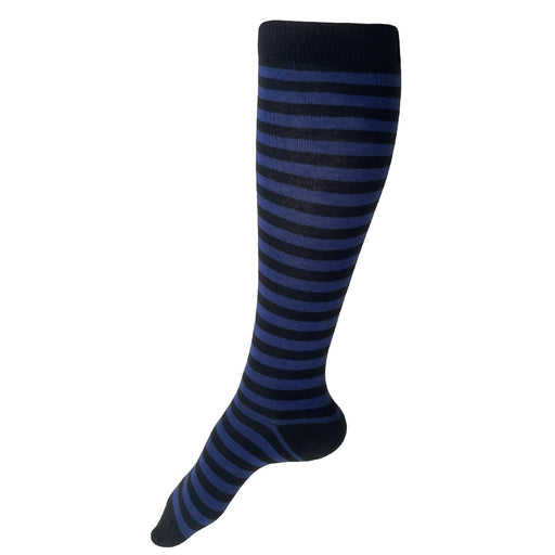 Made in USA women's striped cotton knee socks/boot socks in black and dark blue by THIS NIGHT