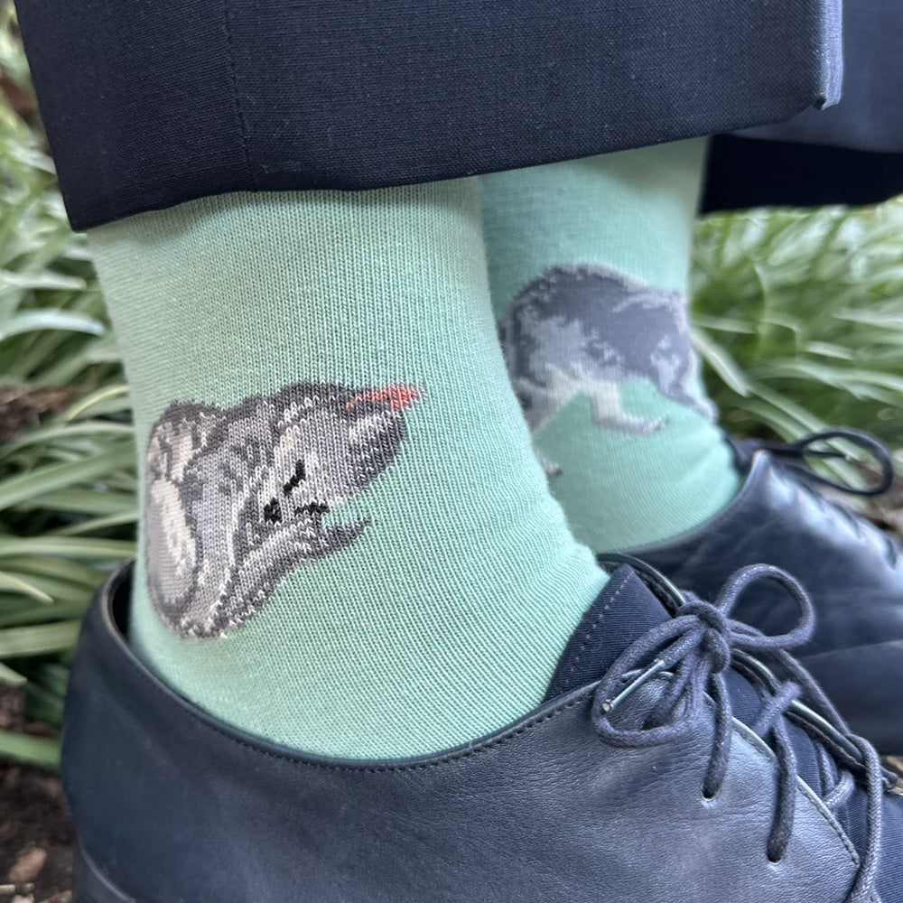 Made in USA women's aqua/seafoam cotton socks with grey cats by THIS NIGHT