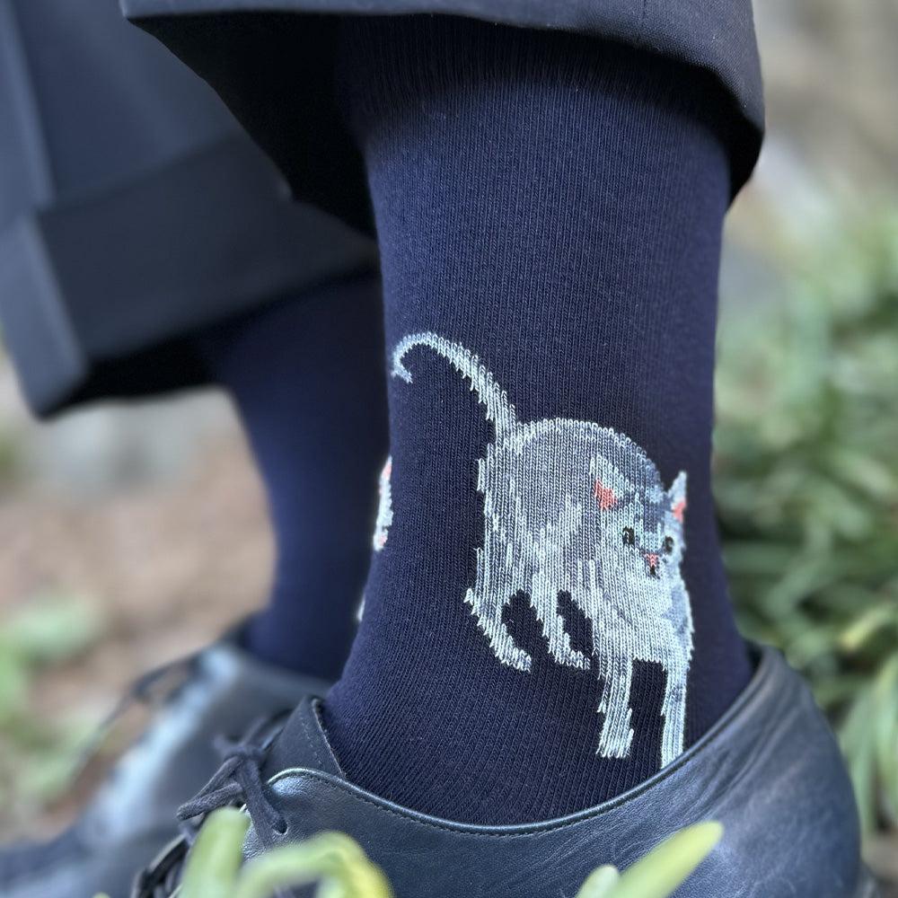 Made in USA women's navy cotton cat socks by THIS NIGHT