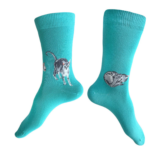 Made in USA women's turquoise cotton socks with grey cats on them by THIS NIGHT