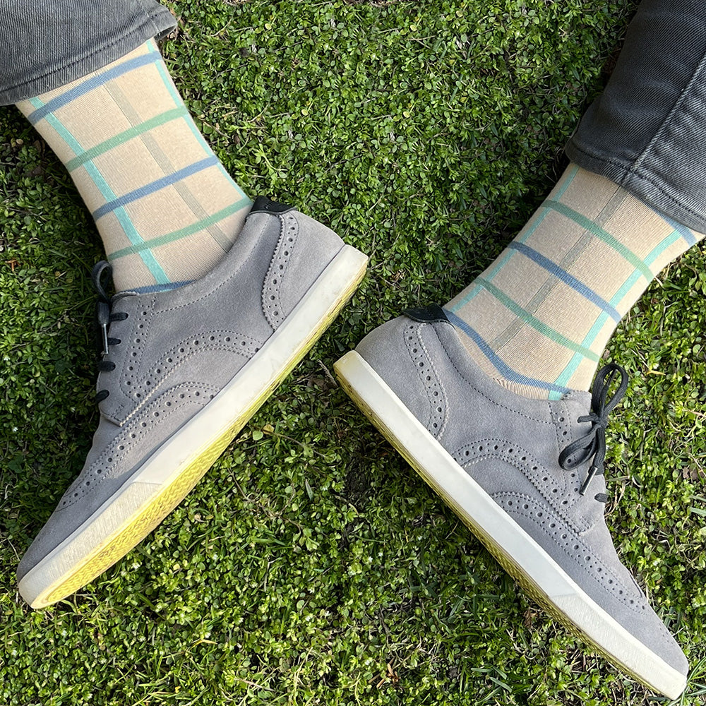 Made in USA men's tan cotton socks with geometric grid pattern in blues and greens