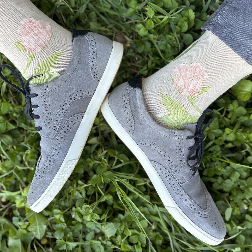 Men's tan/beige floral cotton socks with pale peach roses by THIS NIGHT