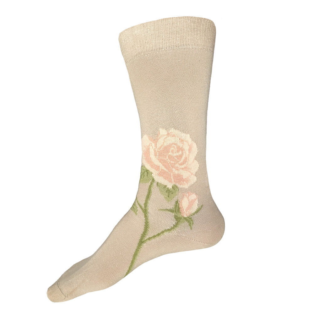 Men's tan/beige floral cotton socks with pale peach roses by THIS NIGHT