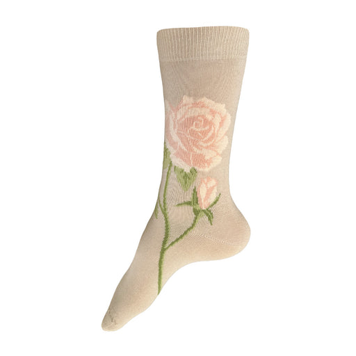Made in USA women's tan floral cotton socks with pale peach roses by THIS NIGHT