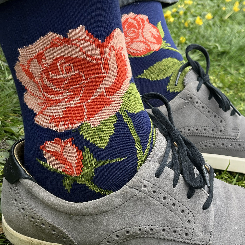 Made in USA men's blue cotton floral socks with coral roses by THIS NIGHT