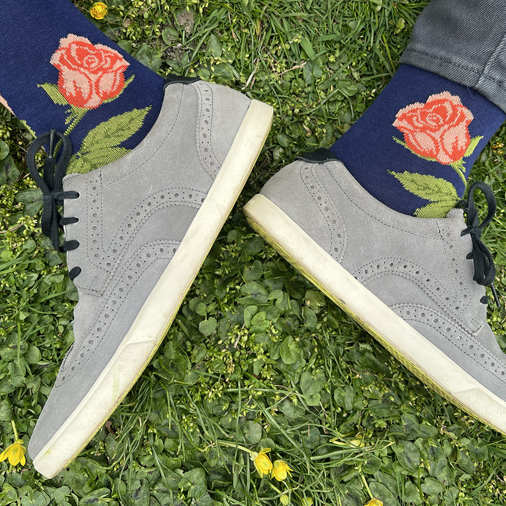 Made in USA men's blue cotton floral socks with coral roses by THIS NIGHT