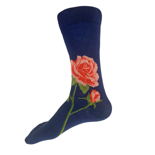 Made in USA men's blue cotton floral socks with coral roses by THIS NIGHT