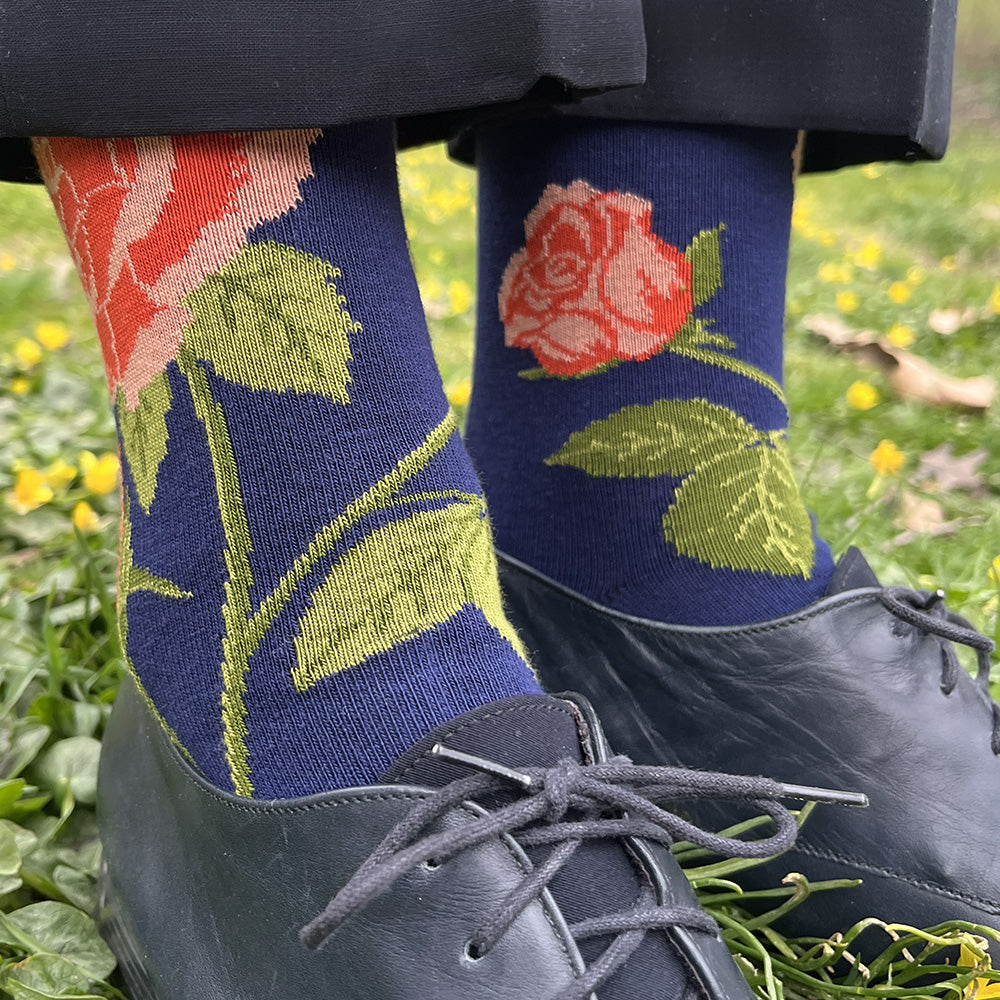 Made in USA women's cotton blue floral socks featuring a coral rose by THIS NIGHT