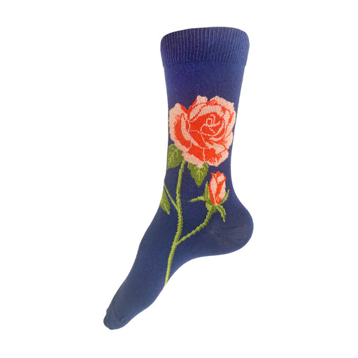 Made in USA women's cotton blue floral socks featuring a coral rose by THIS NIGHT