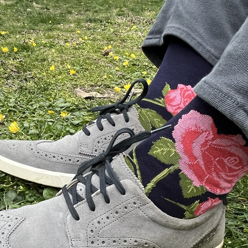 Made in USA men's navy cotton floral socks featuring pink roses by THIS NIGHT