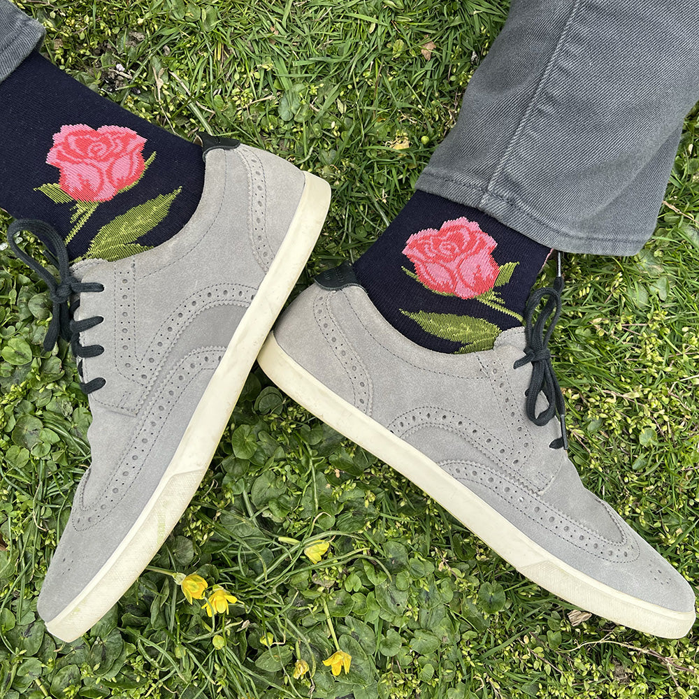 Made in USA men's navy cotton floral socks featuring pink roses by THIS NIGHT