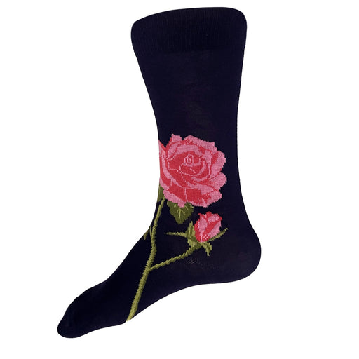 Made in USA men's navy cotton floral socks featuring pink roses by THIS NIGHT