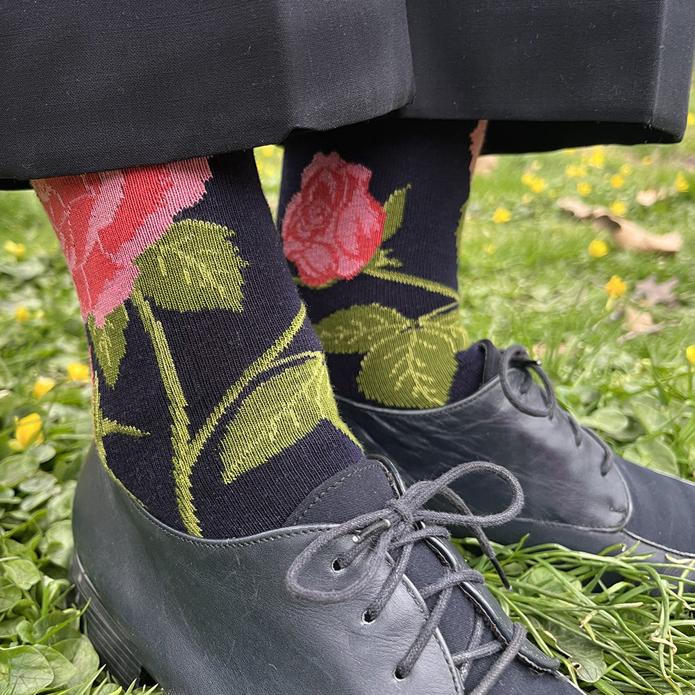 Made in USA women's navy cotton floral socks featuring pink roses by THIS NIGHT