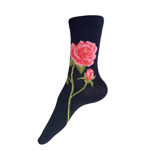 Made in USA women's navy cotton floral socks featuring pink roses by THIS NIGHT