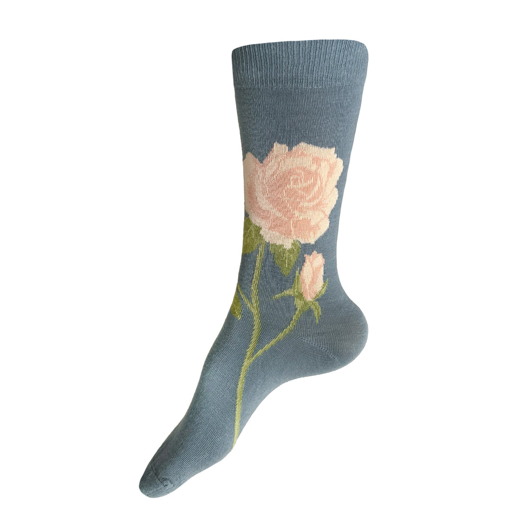 Made in USA soft blue cotton floral women's socks with peach roses