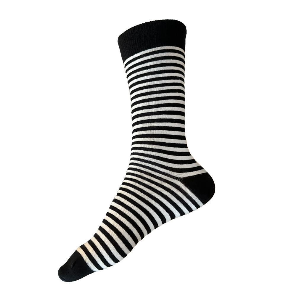 Made in USA men's XL (big and tall) black and white cotton striped socks, fit men's shoe sizes 14 to 18