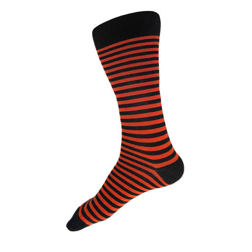 Made in USA men's cotton black and orange striped socks. Perfect for Flyers fans, Princeton grads, and Halloween gifts!