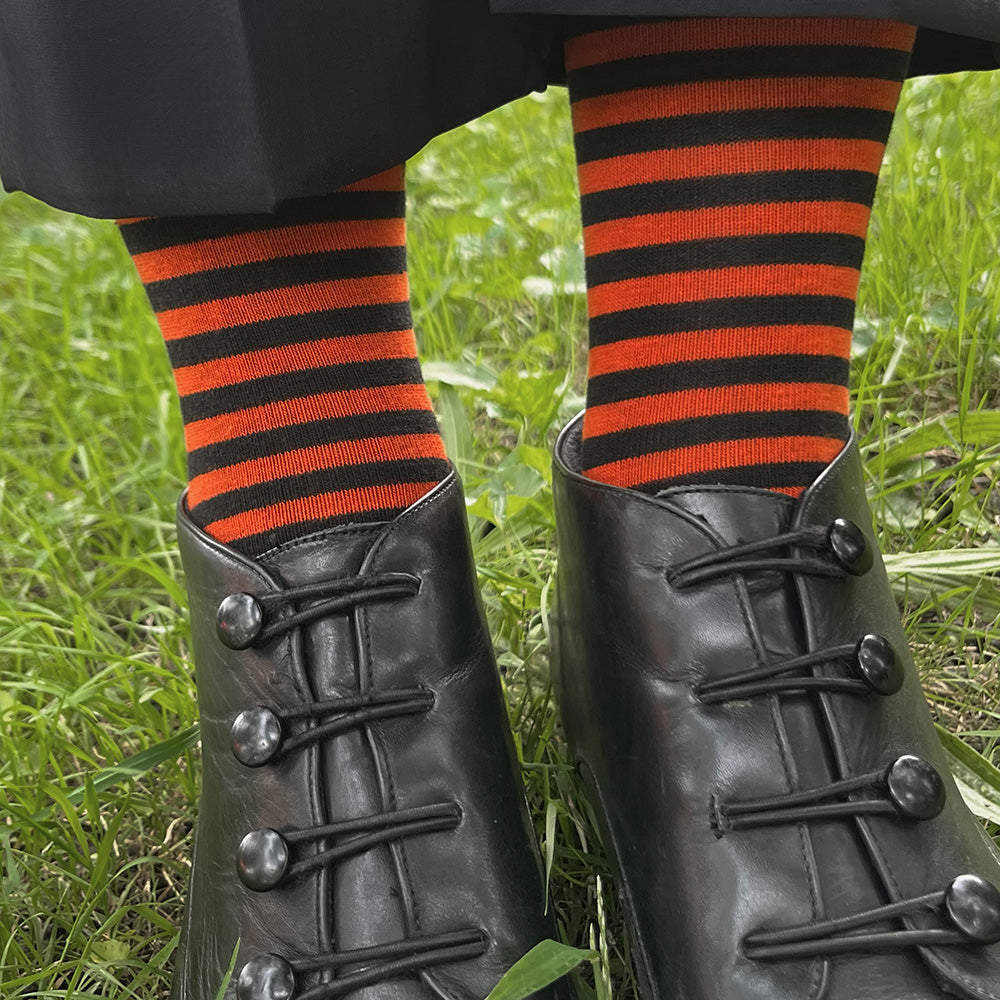 Made in USA black and orange striped socks for Halloween, Flyers fans, Princeton alums, and more!