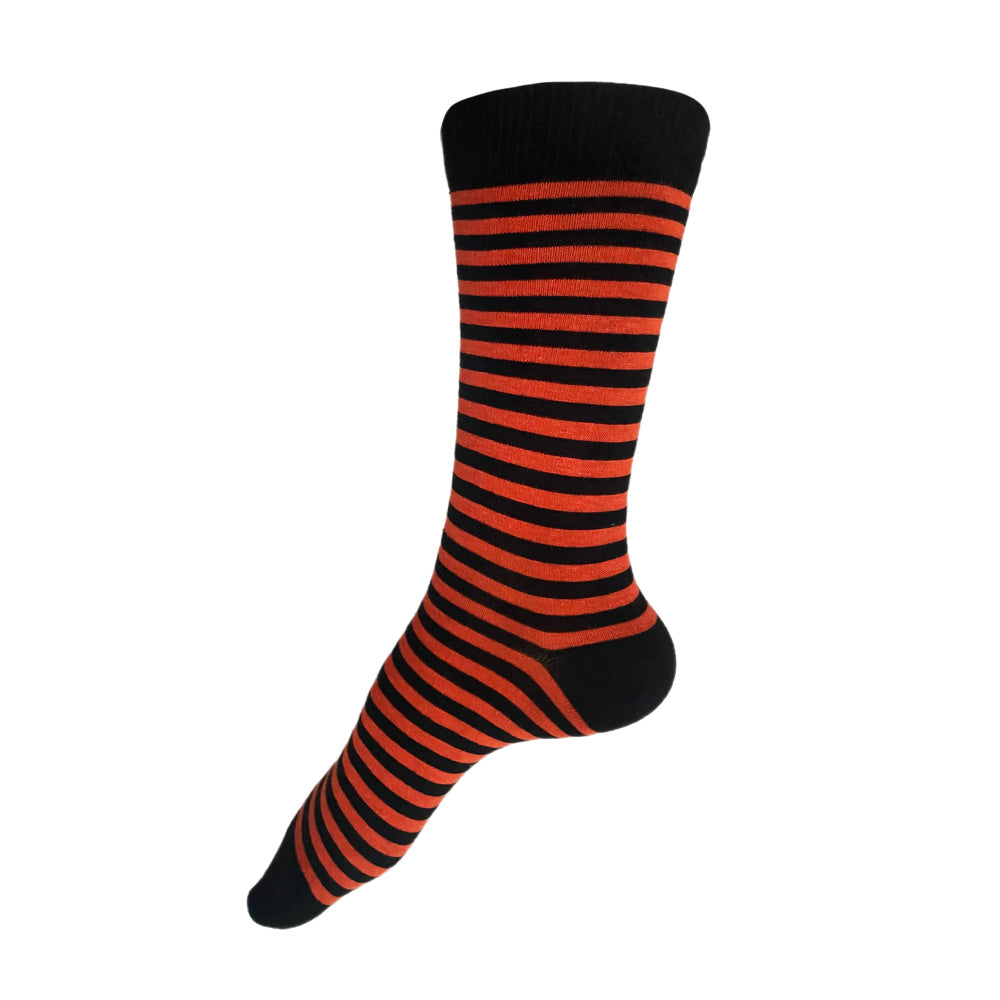 Made in USA black and orange striped socks for Halloween, Flyers fans, Princeton alums, and more!