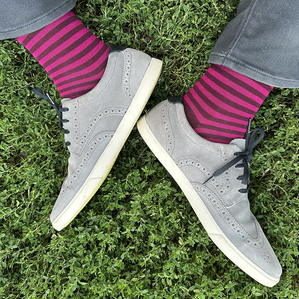 Made in USA men's burgundy and magenta (hot pink) striped cotton socks