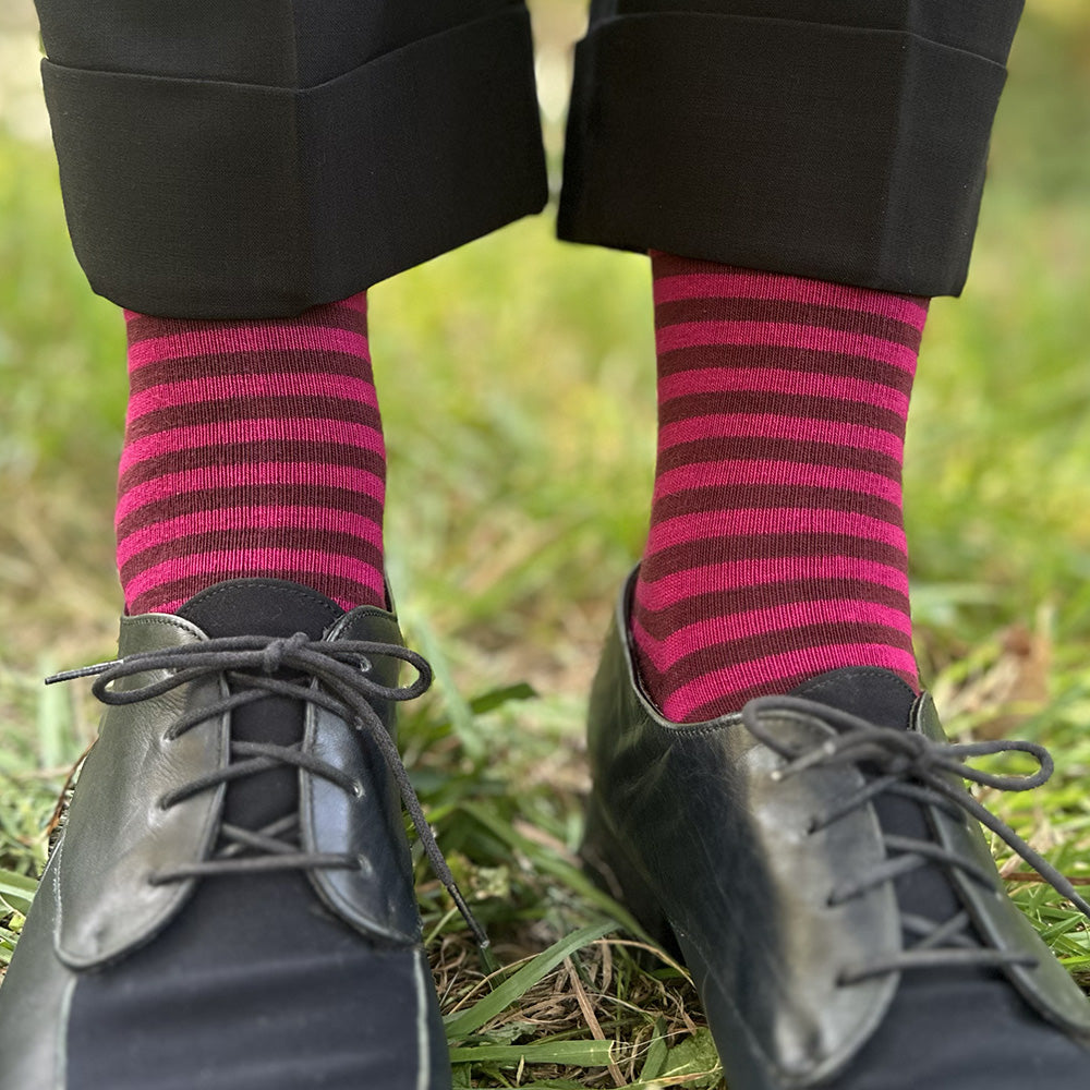 Made in USA women's burgundy and magenta cotton striped socks by THIS NIGHT