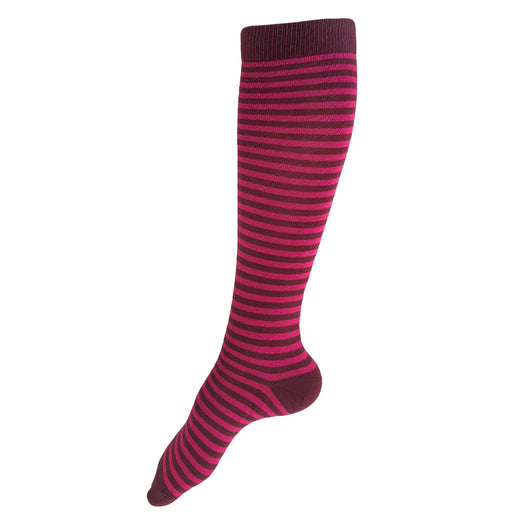 Made in USA women's cotton striped knee/boot socks in burgundy and magenta (hot pink)