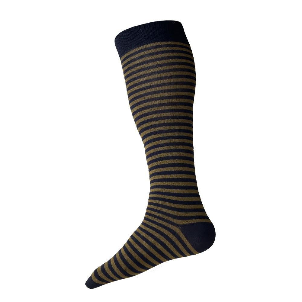 Made in USA men's over-the-calf (knee) cotton striped navy and olive socks by THIS NIGHT