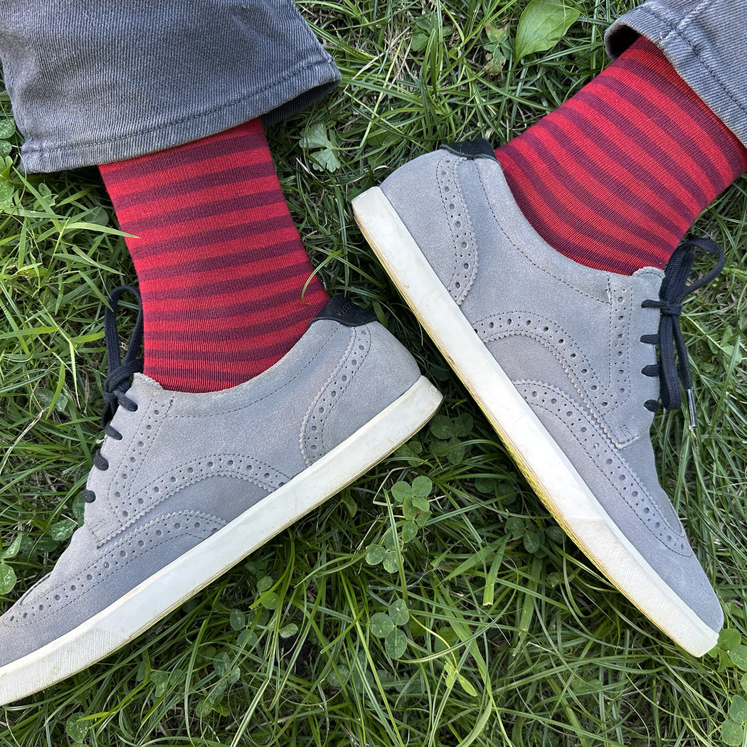 Made in USA men's maroon and red cotton striped socks