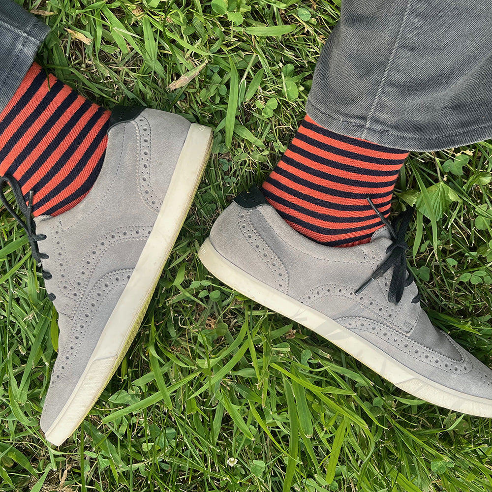 Made in USA men's cotton navy and coral (orange) striped socks