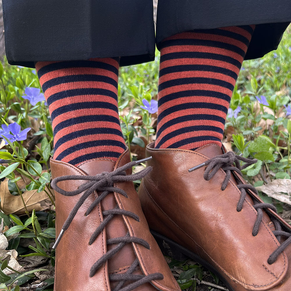 Made in USA women's cotton striped socks in navy and coral (orange)