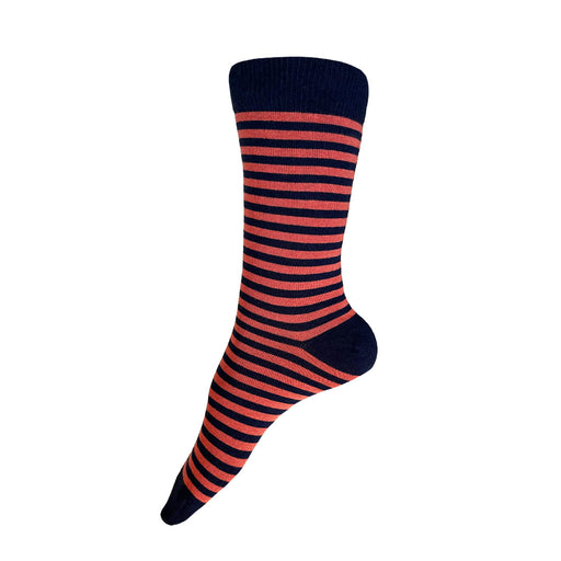 Made in USA women's cotton striped socks in navy and coral (orange)